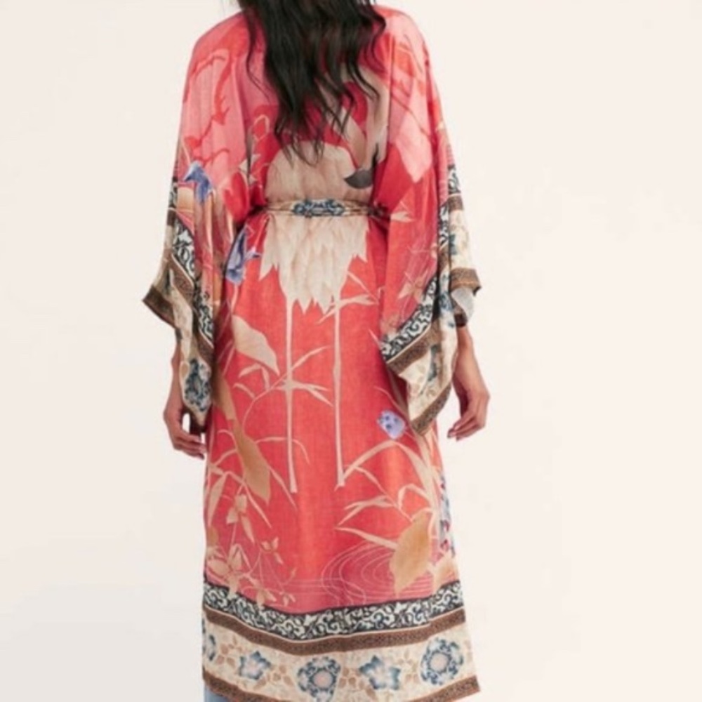 Boho Vibrant Floral Tropical Print Belted Kimono Cover up - Picture 4 of 7